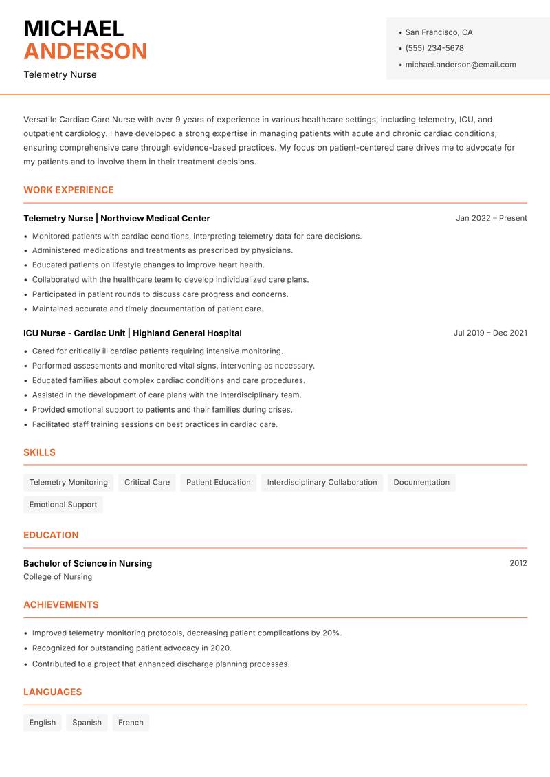 Cardiac Care Nurse resume sample — Telemetry Nurse focus