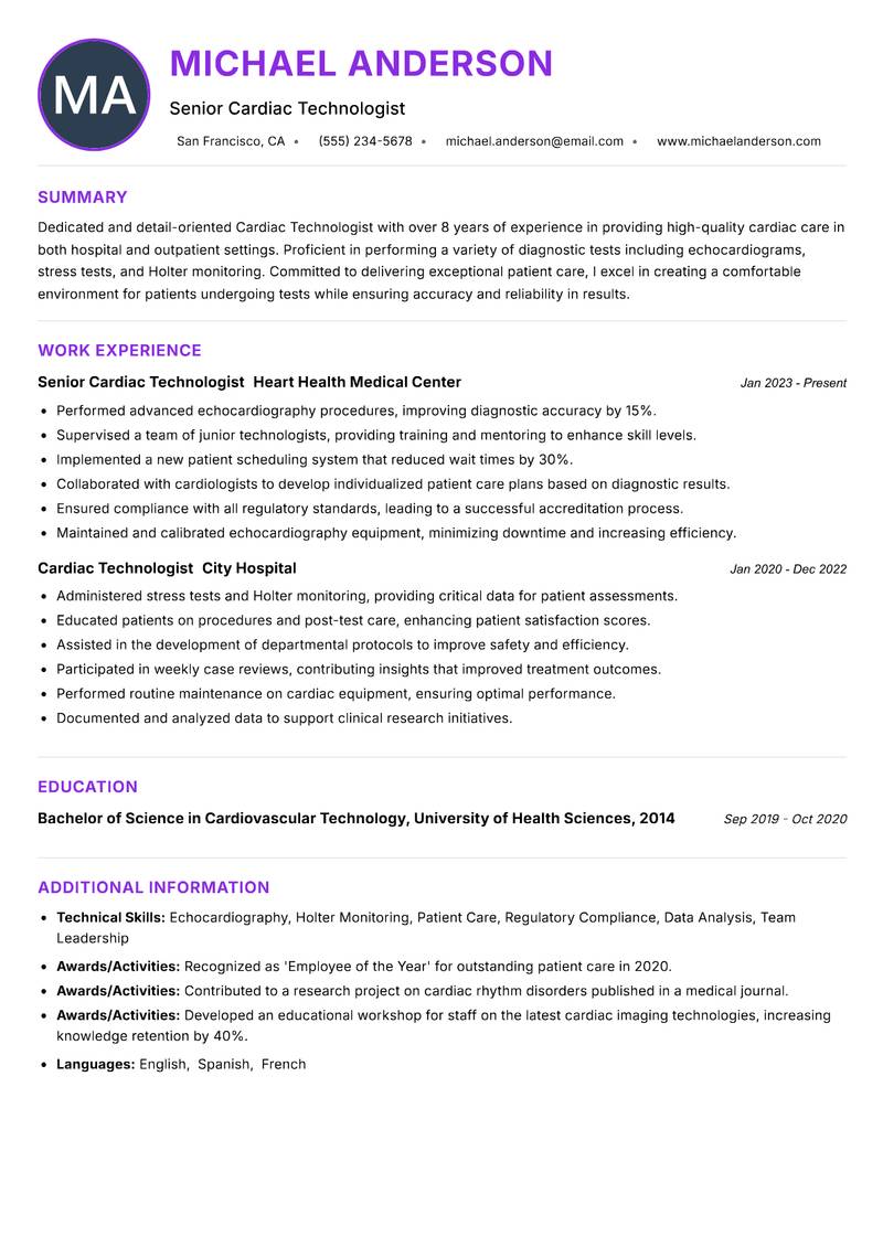 Cardiac Technologist resume example