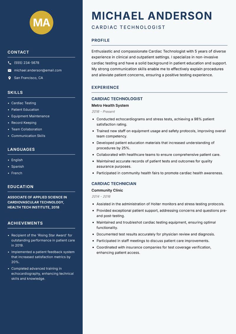 Cardiac Technologist resume sample — Cardiac Technologist focus
