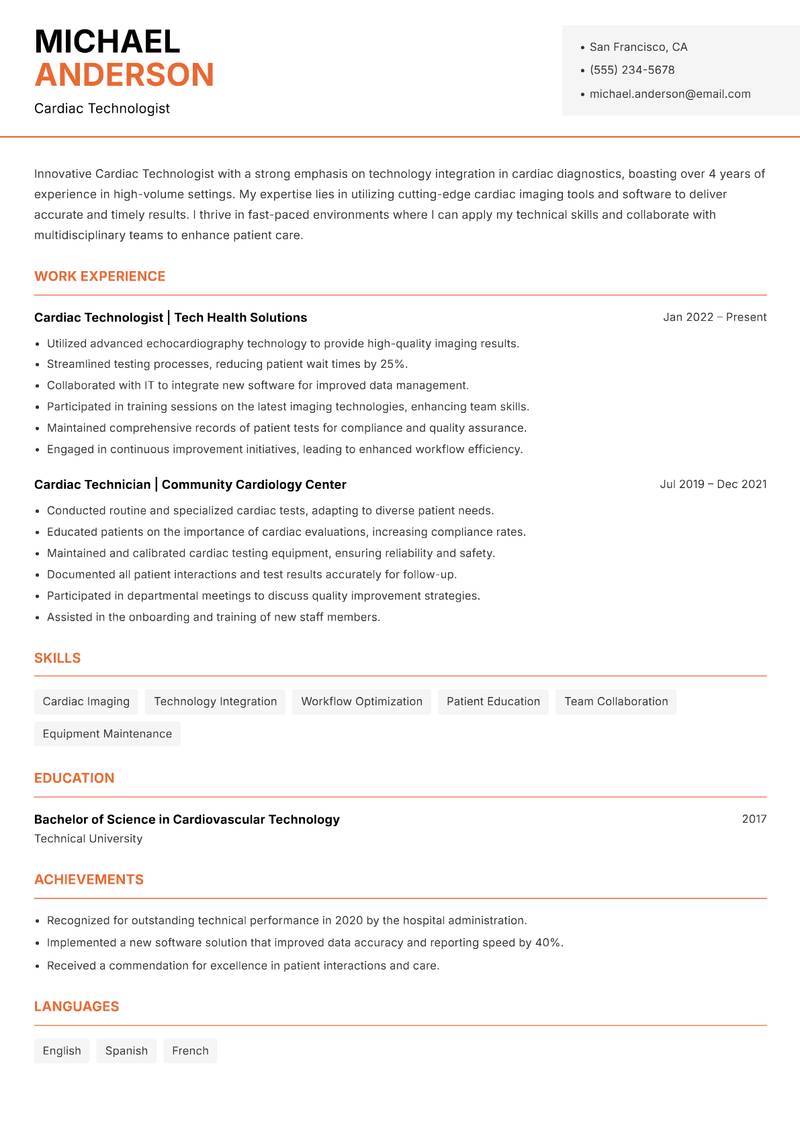Cardiac Technologist resume sample — Cardiac Technologist focus