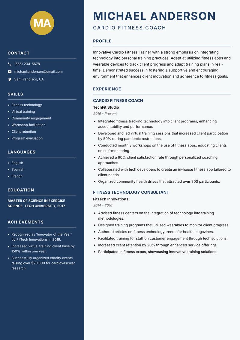 Cardio Fitness Trainer resume sample — Cardio Fitness Coach focus