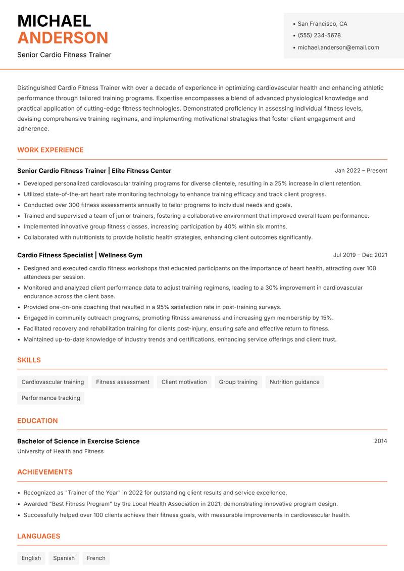 Cardio Fitness Trainer resume sample — Senior Cardio Fitness Trainer focus