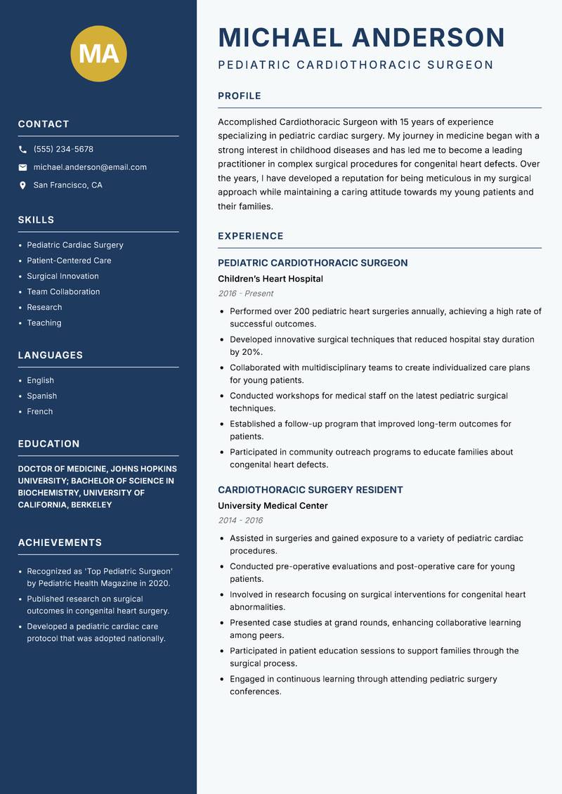 Cardiothoracic Surgeon resume sample — Pediatric Cardiothoracic Surgeon focus