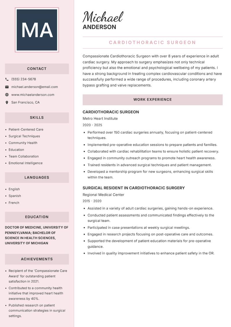 Cardiothoracic Surgeon resume sample — Cardiothoracic Surgeon focus