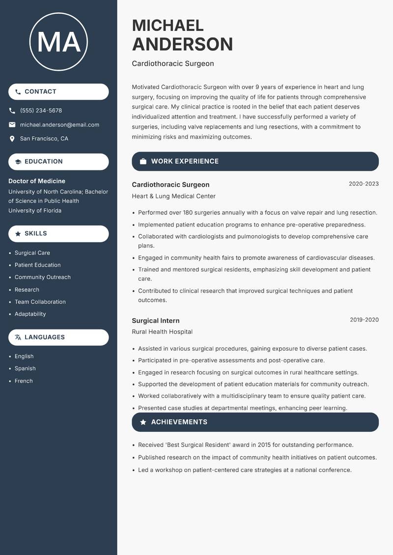 Cardiothoracic Surgeon resume sample — Cardiothoracic Surgeon focus