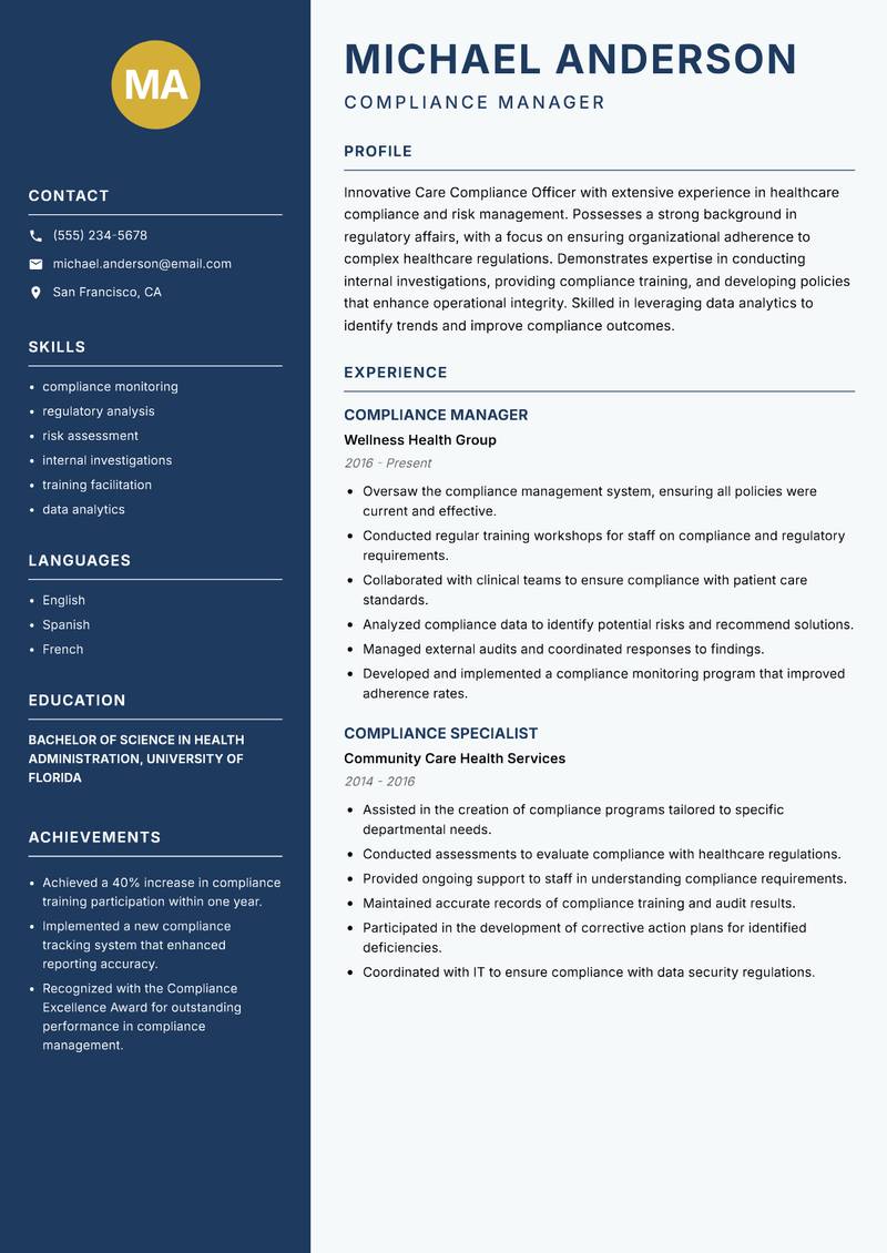 Care Compliance Officer resume sample — Compliance Manager focus