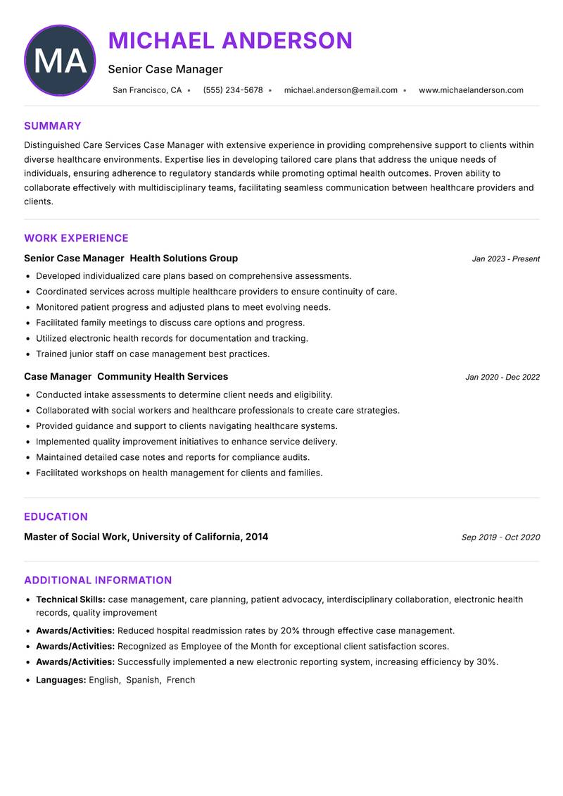 Care Services Case Manager resume example