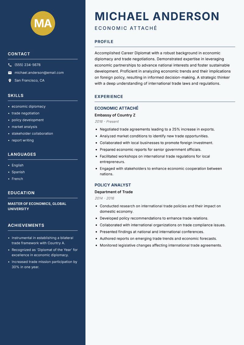 Career Diplomat resume sample — Economic Attaché focus