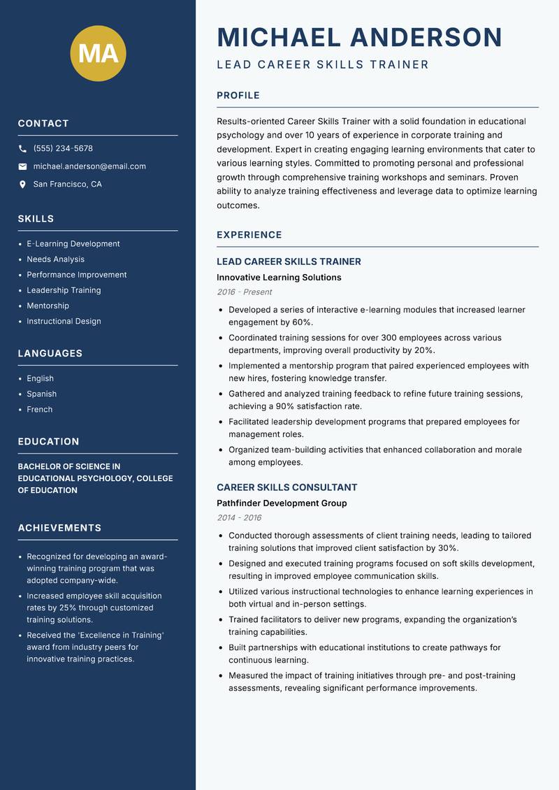 Career Skills Trainer resume sample — Lead Career Skills Trainer focus