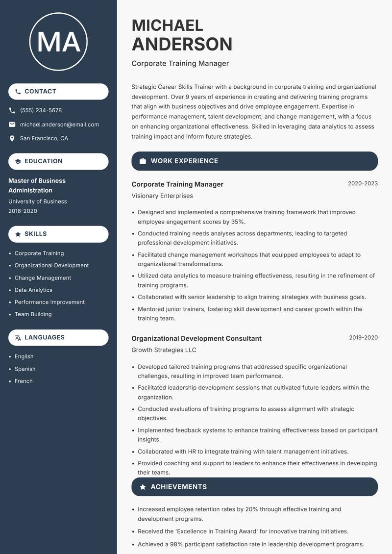 Career Skills Trainer resume sample — Corporate Training Manager focus