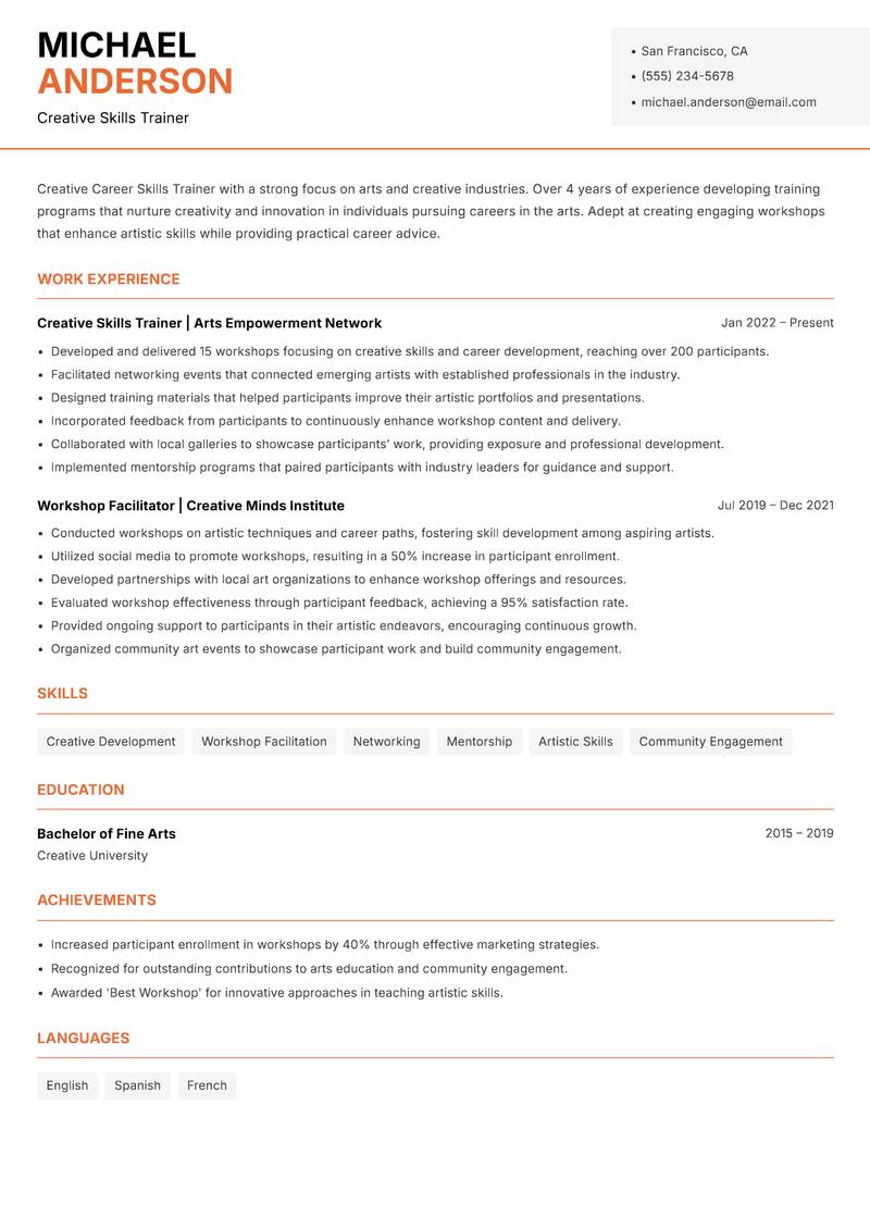 Career Skills Trainer resume sample — Creative Skills Trainer focus