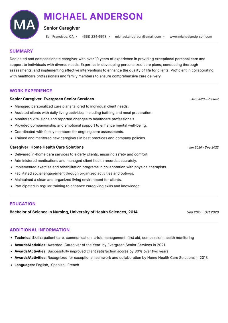Caregiver resume example
