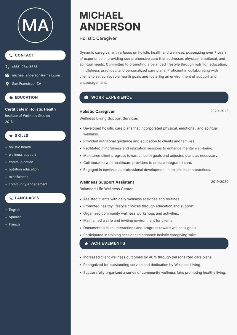 Caregiver resume sample — Holistic Caregiver focus