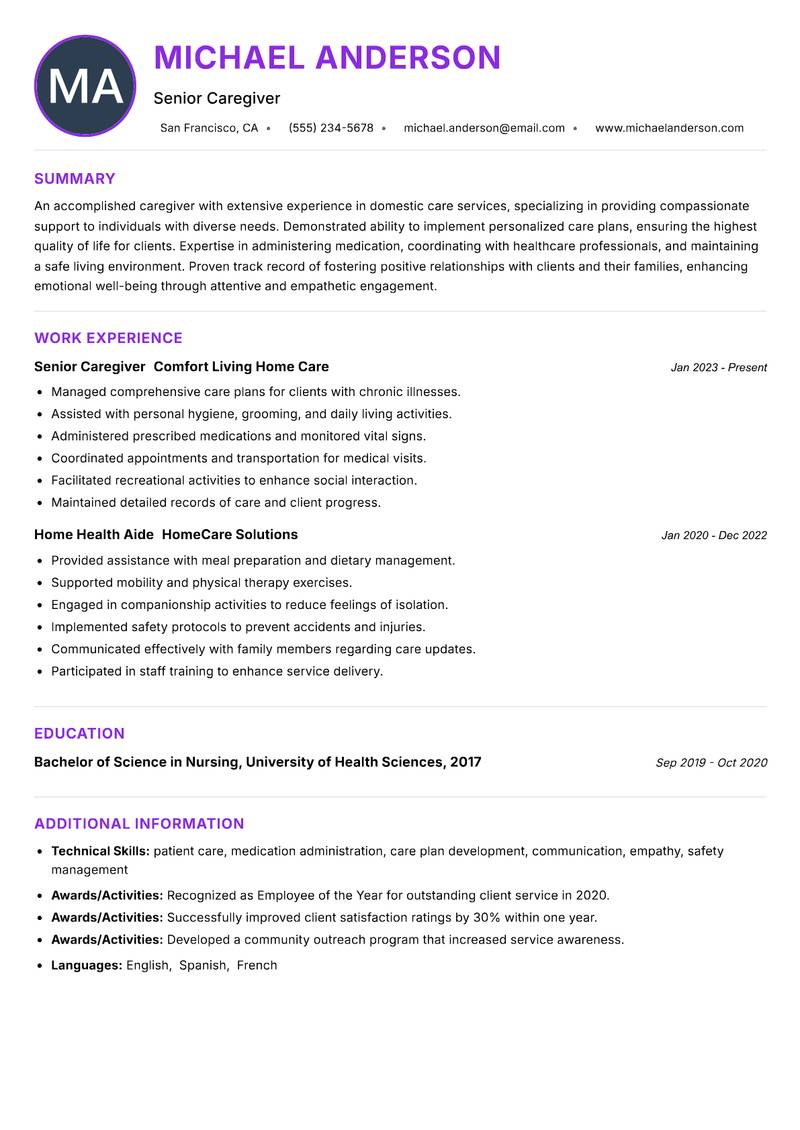 Caregiver Domestic resume example