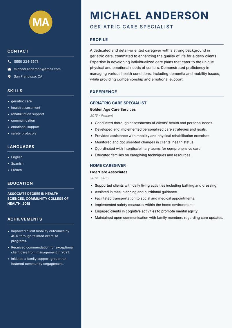 Caregiver Domestic resume sample — Geriatric Care Specialist focus