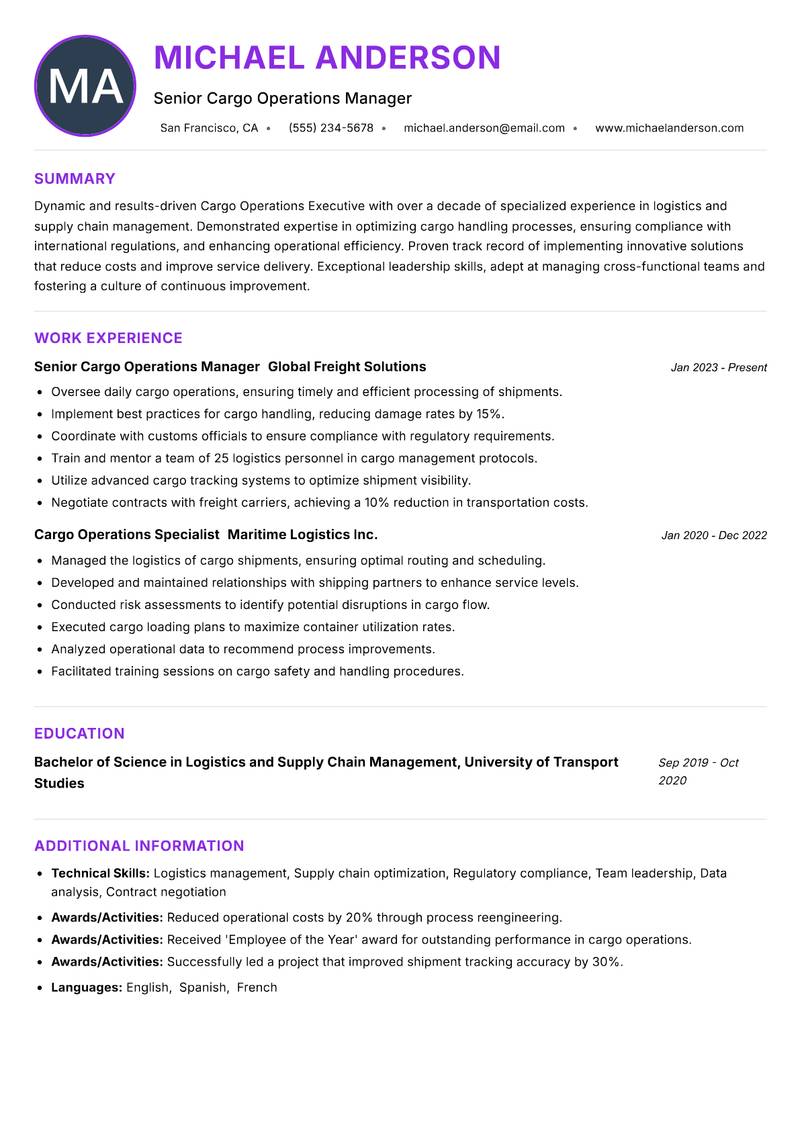Cargo Operations Executive resume example — Maritime Services