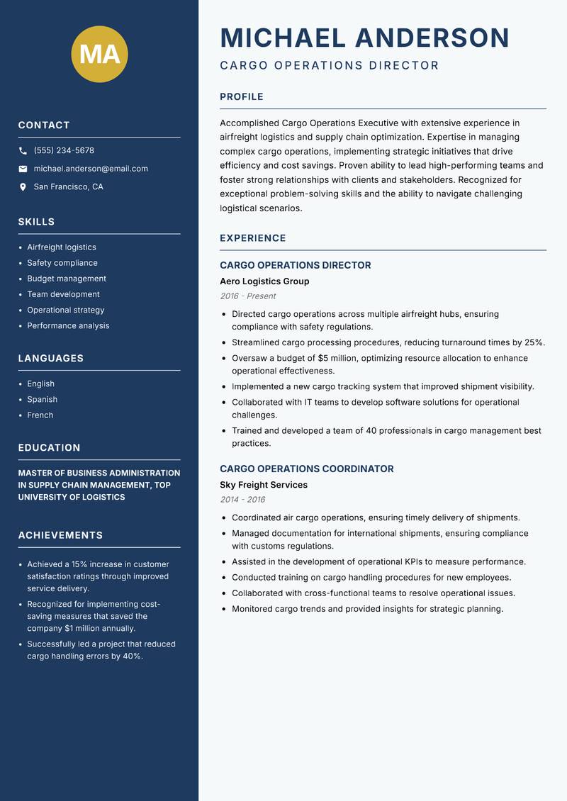Cargo Operations Executive resume sample — Cargo Operations Director focus