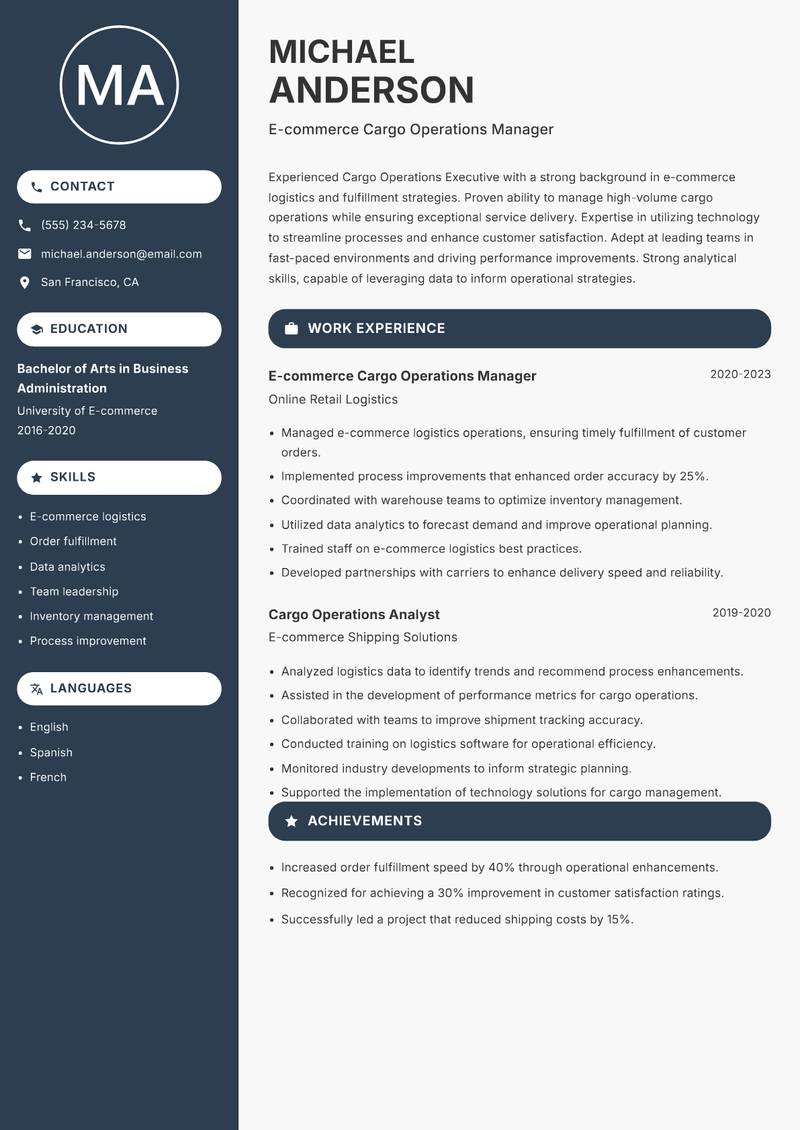 Cargo Operations Executive resume sample — E-commerce Cargo Operations Manager focus