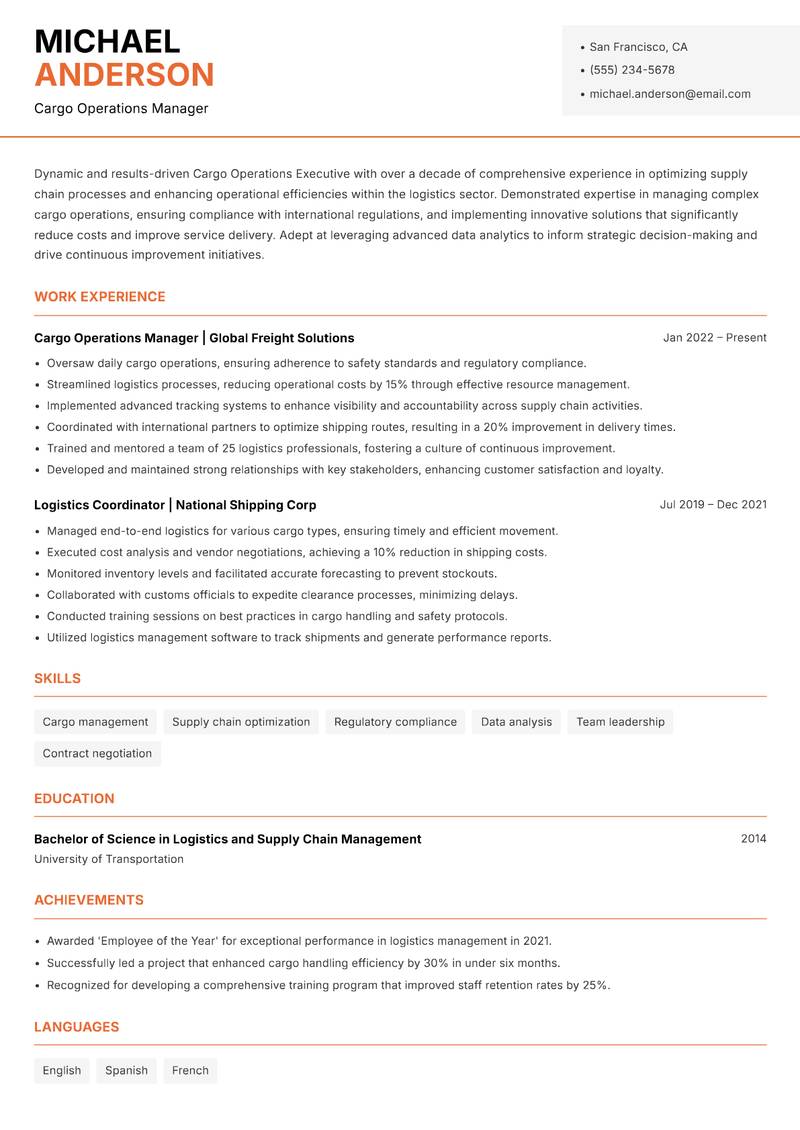 Cargo Operations Executive resume sample — Cargo Operations Manager focus