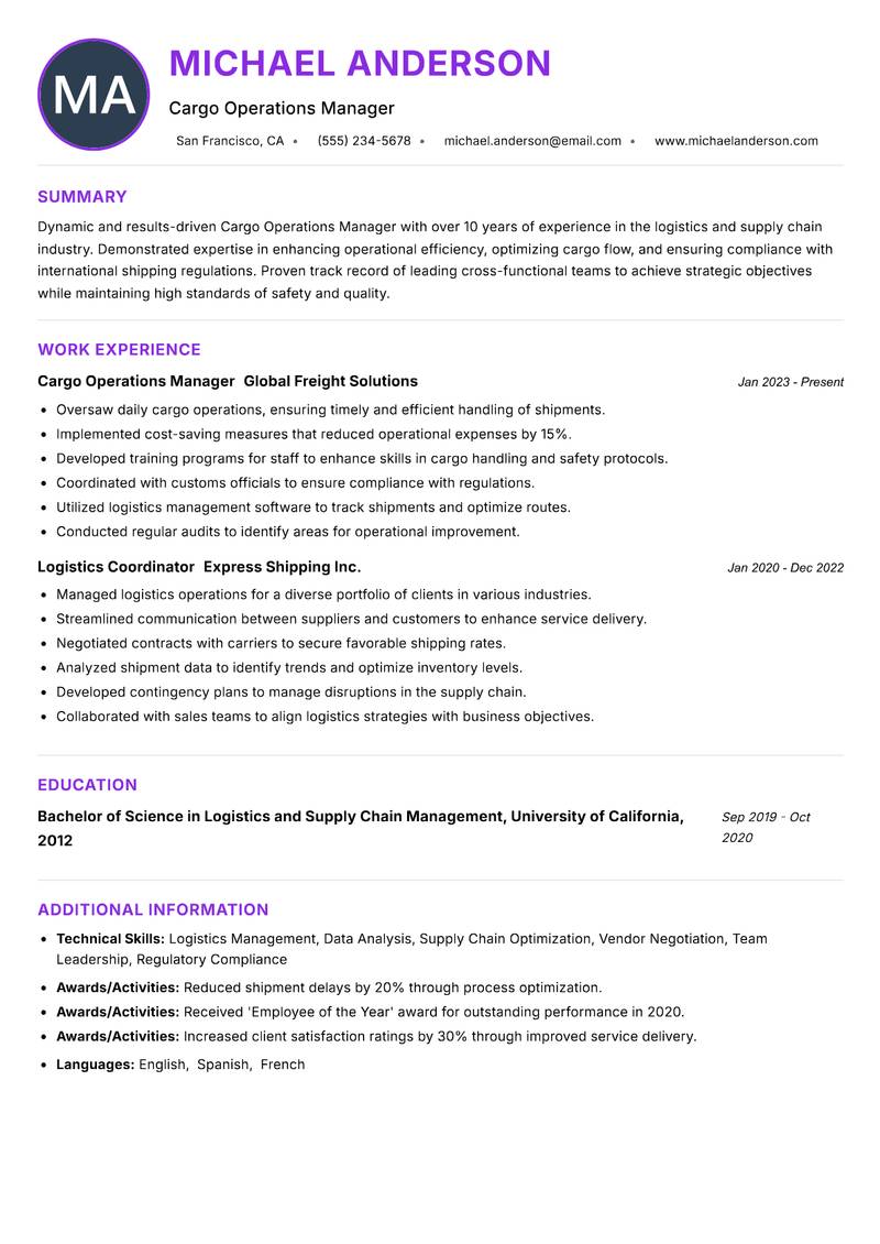 Cargo Operations Manager resume example