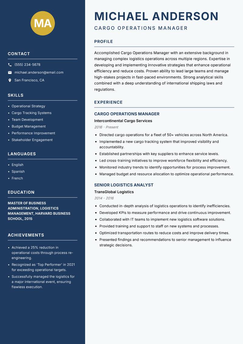 Cargo Operations Manager resume sample — Cargo Operations Manager focus