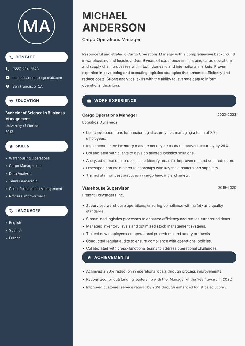 Cargo Operations Manager resume sample — Cargo Operations Manager focus