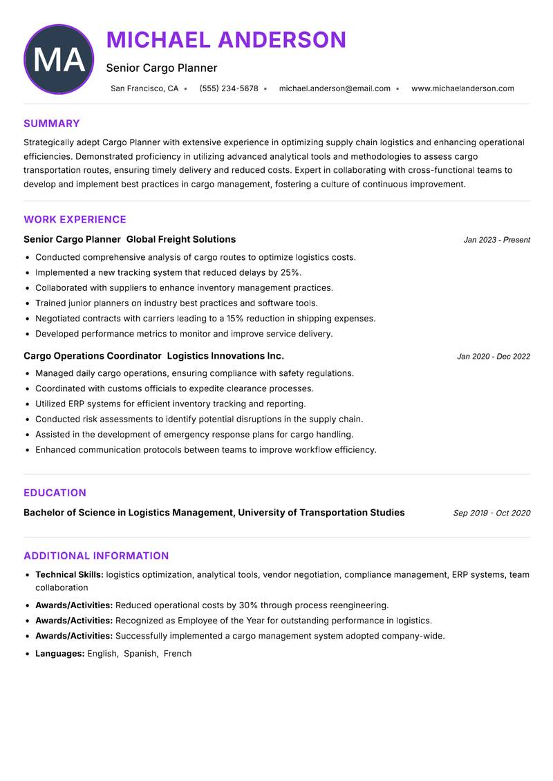 Cargo Planner resume example