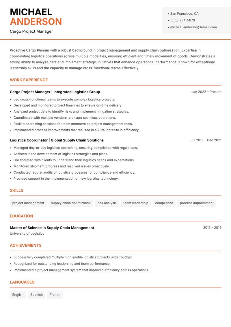 Cargo Planner resume sample — Cargo Project Manager focus