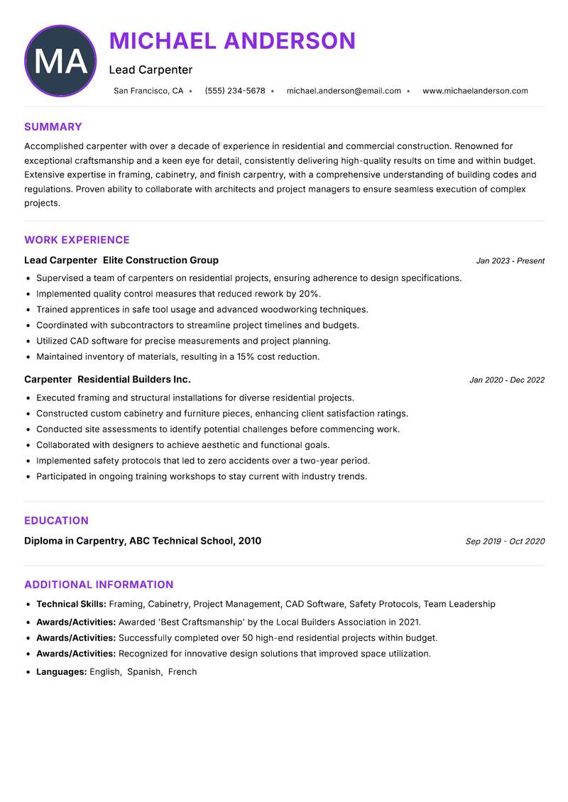 Carpenter resume example