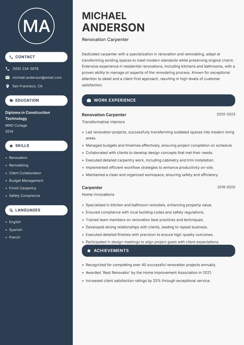 Carpenter resume sample — Renovation Carpenter focus