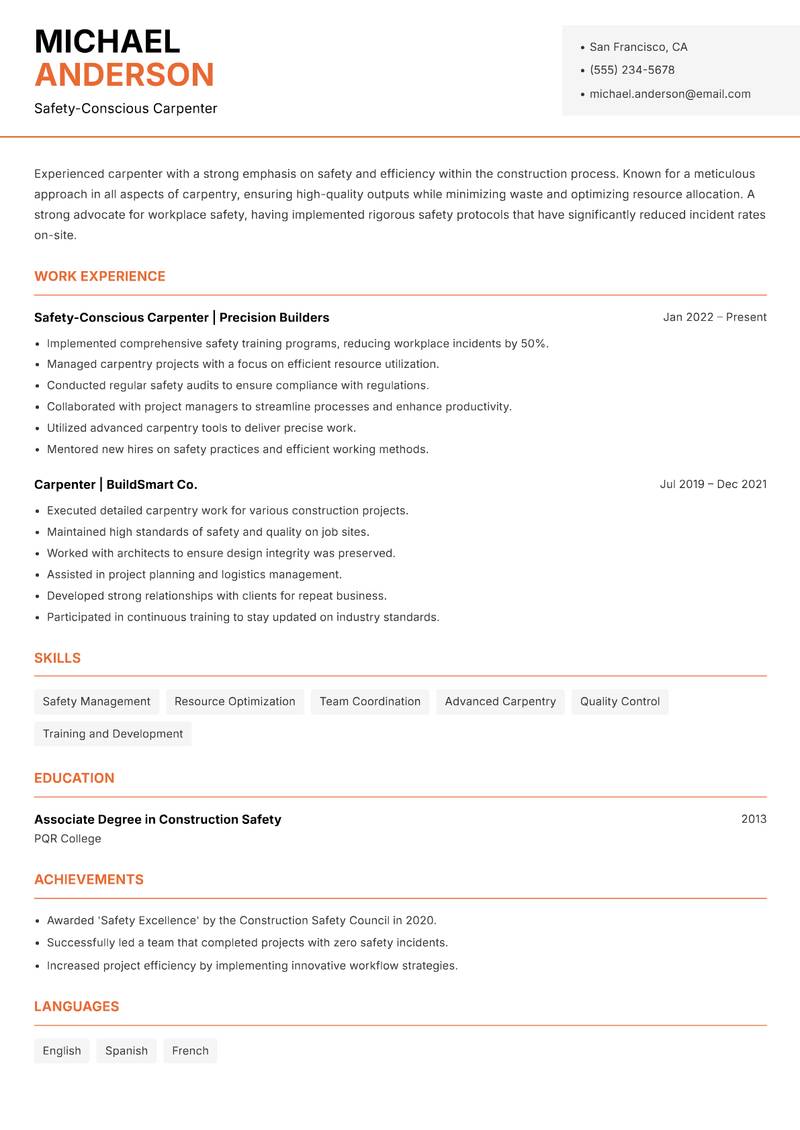 Carpenter resume sample — Safety-Conscious Carpenter focus