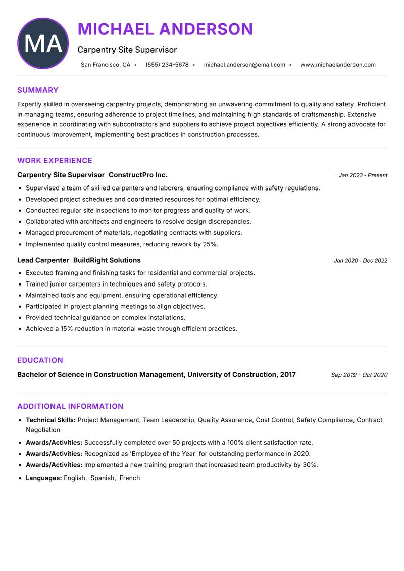 Carpentry Site Supervisor resume example