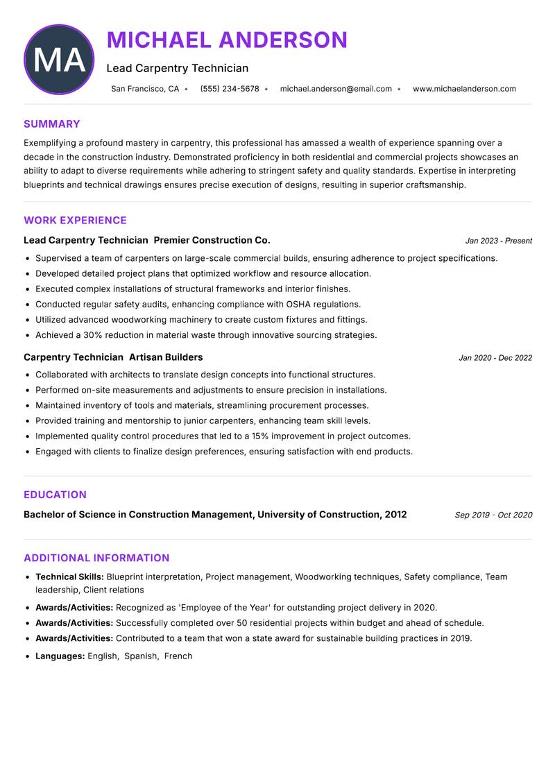 Carpentry Technician resume example