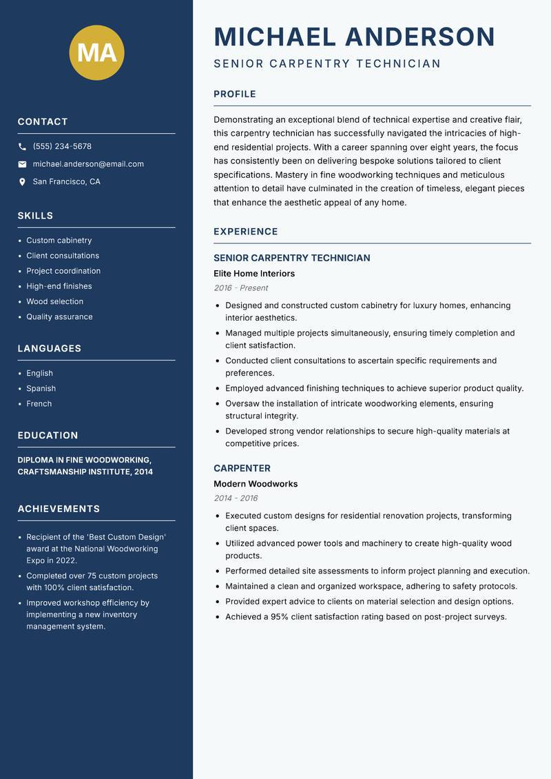 Carpentry Technician resume sample — Senior Carpentry Technician focus