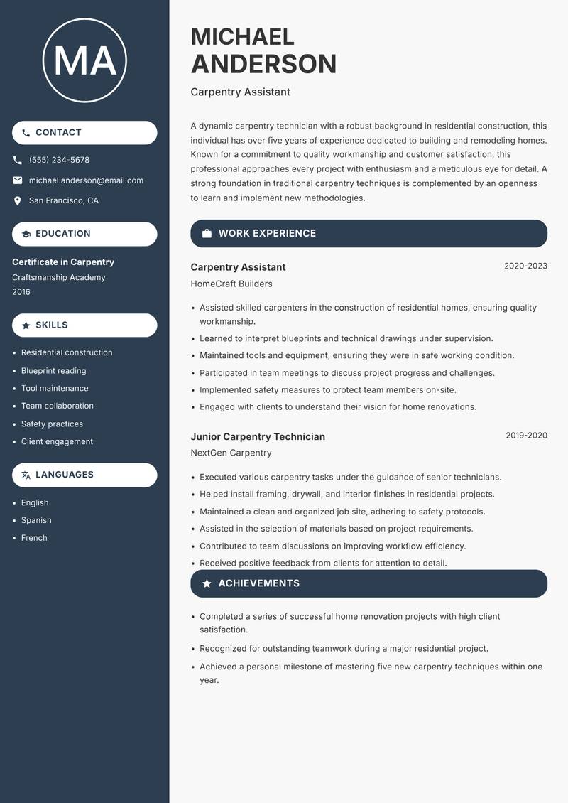 Carpentry Technician resume sample — Carpentry Assistant focus