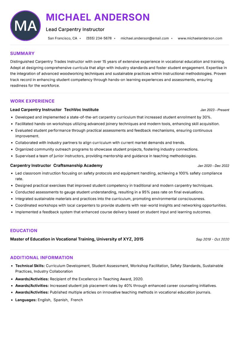 Carpentry Trades Instructor resume example