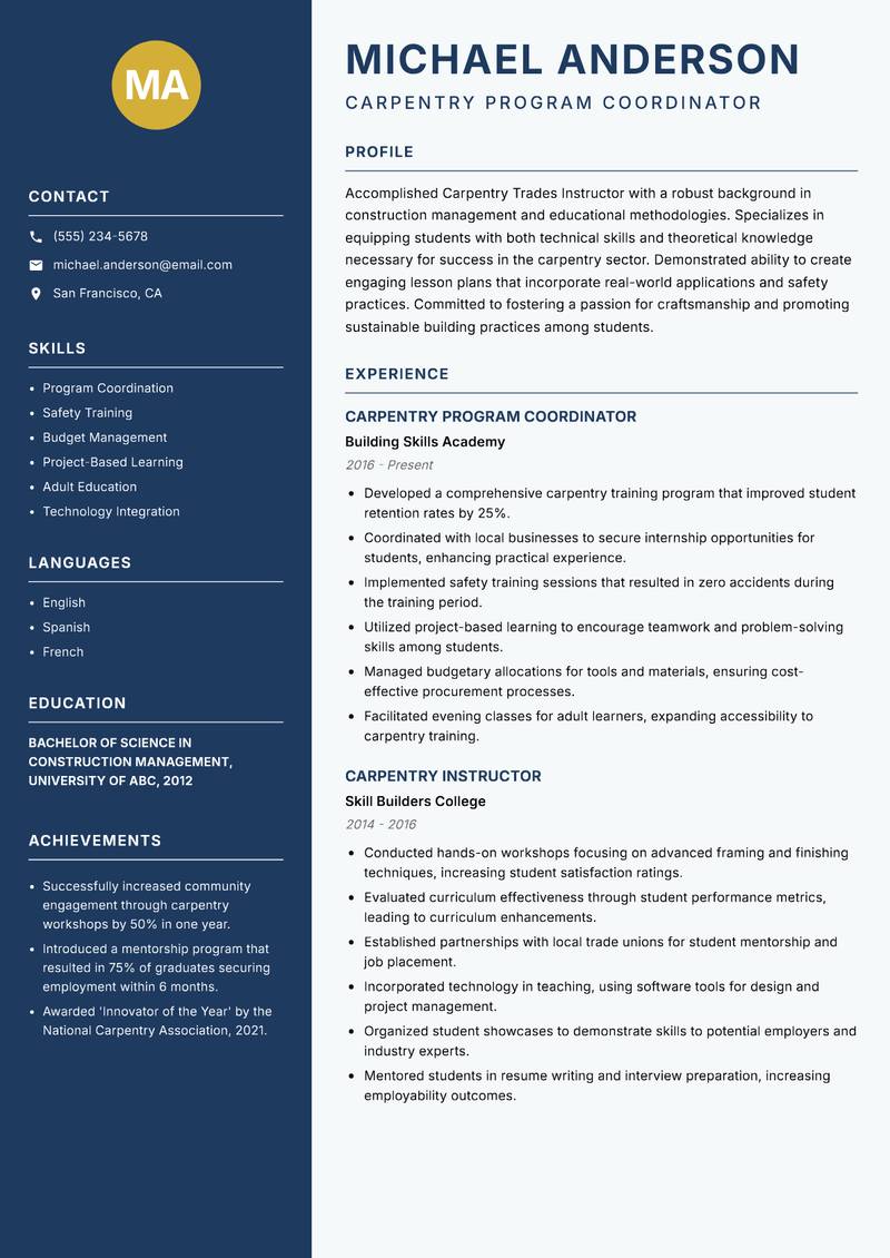 Carpentry Trades Instructor resume sample — Carpentry Program Coordinator focus