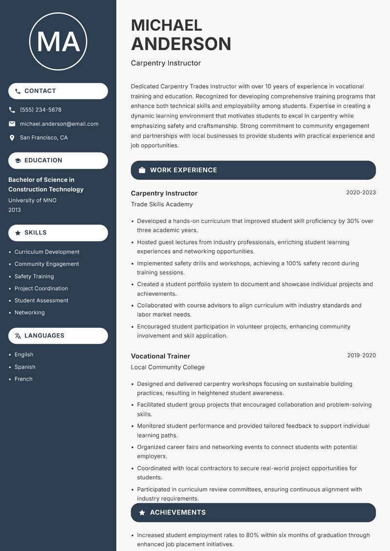 Carpentry Trades Instructor resume sample — Carpentry Instructor focus