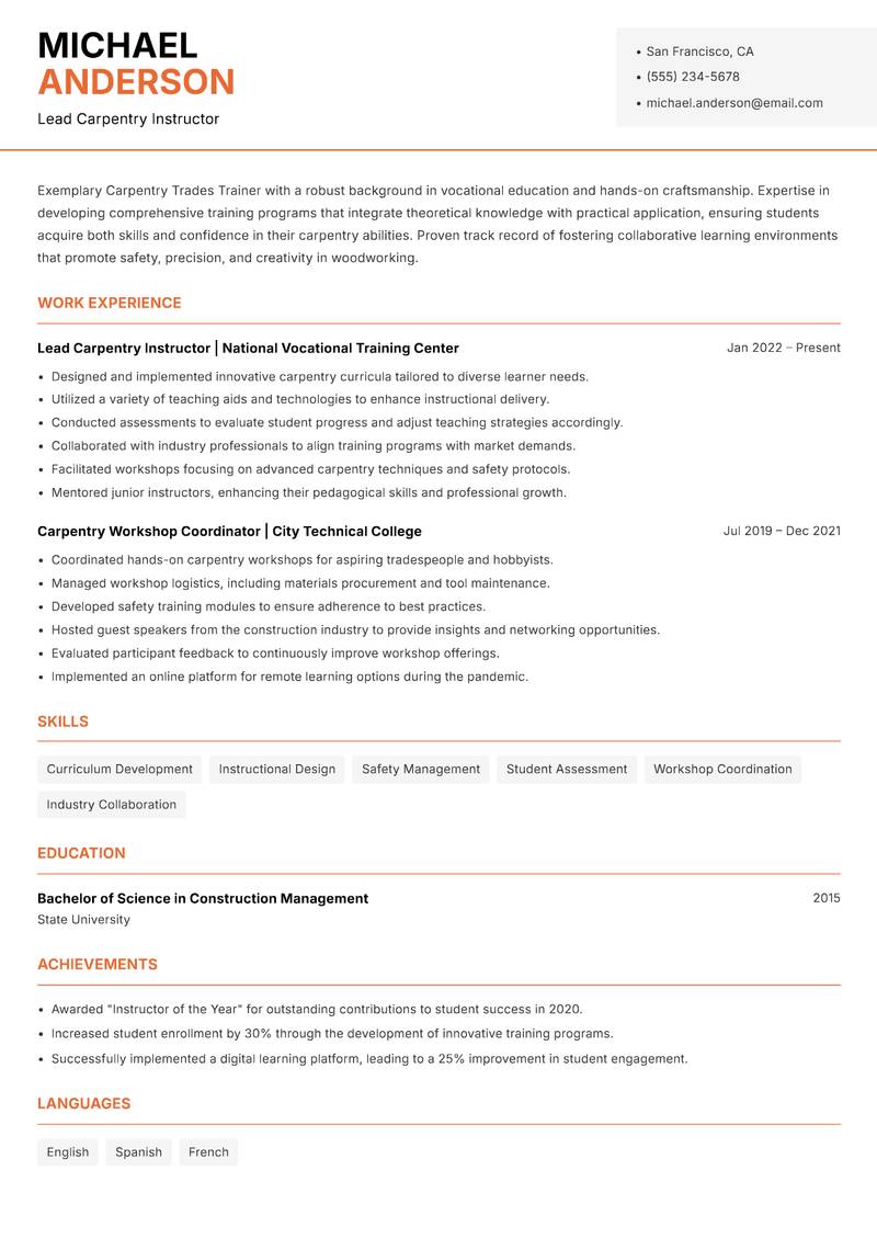 Carpentry Trades Trainer resume sample — Lead Carpentry Instructor focus