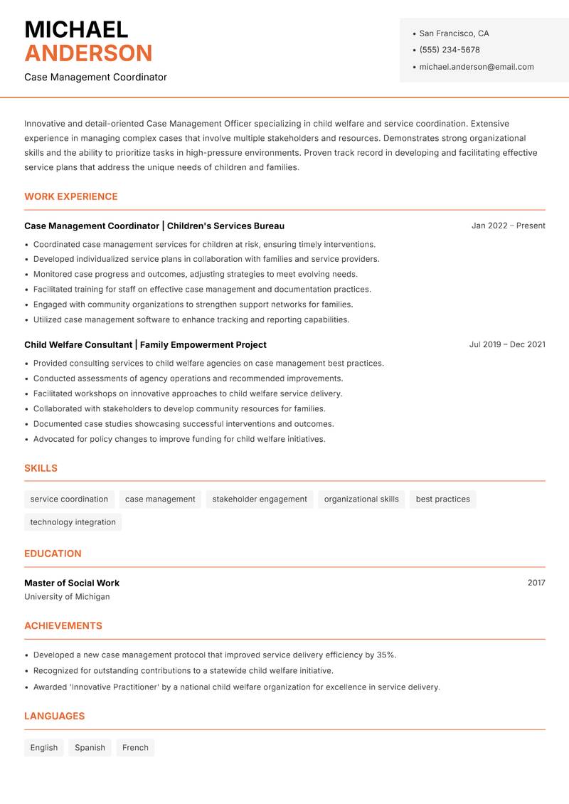 Case Management Officer Child Welfare resume sample — Case Management Coordinator focus