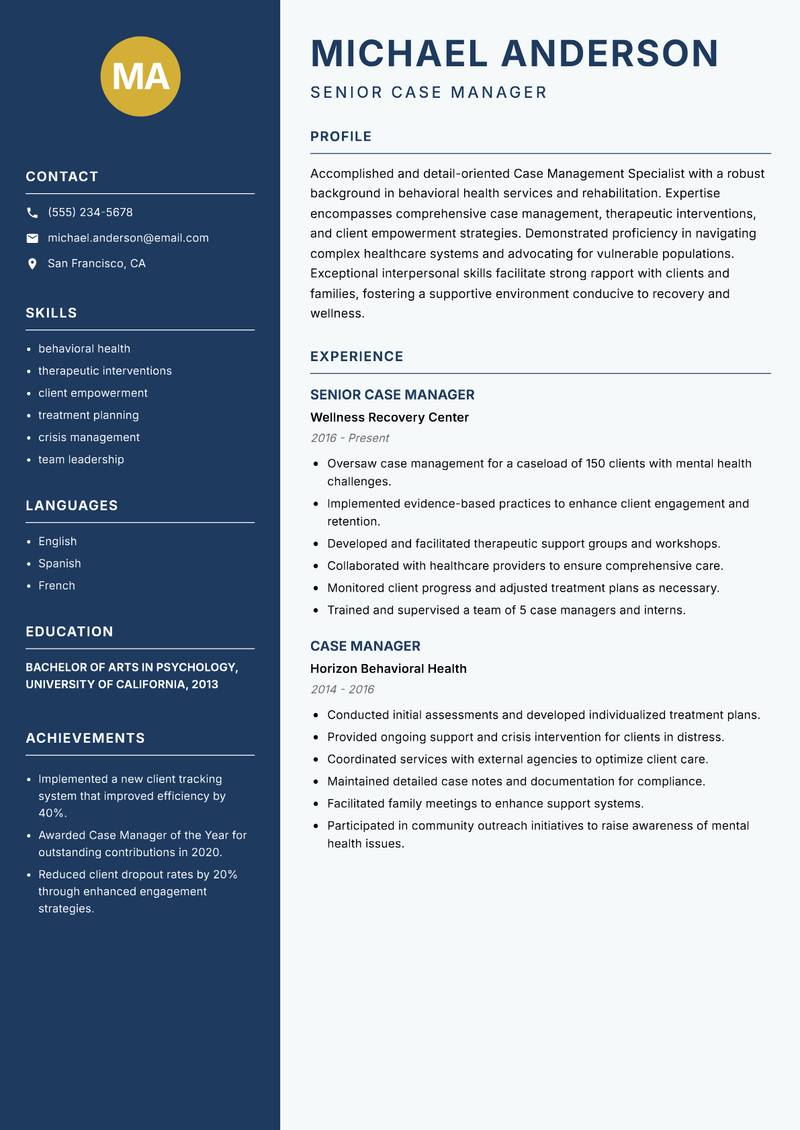 Case Management Specialist resume sample — Senior Case Manager focus