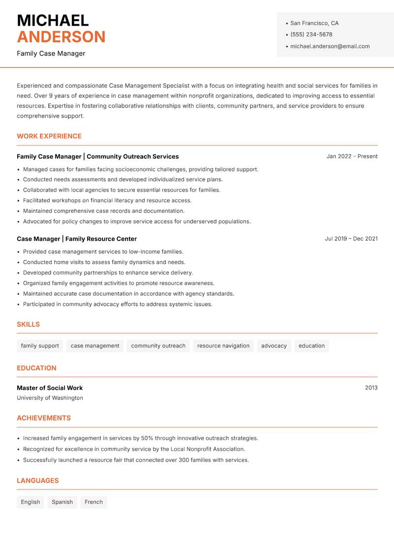 Case Management Specialist resume sample — Family Case Manager focus
