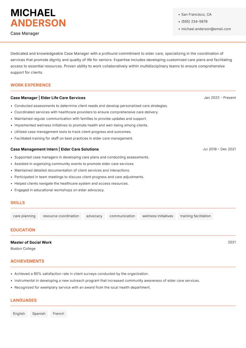 Case Manager Elder Care resume sample — Case Manager focus