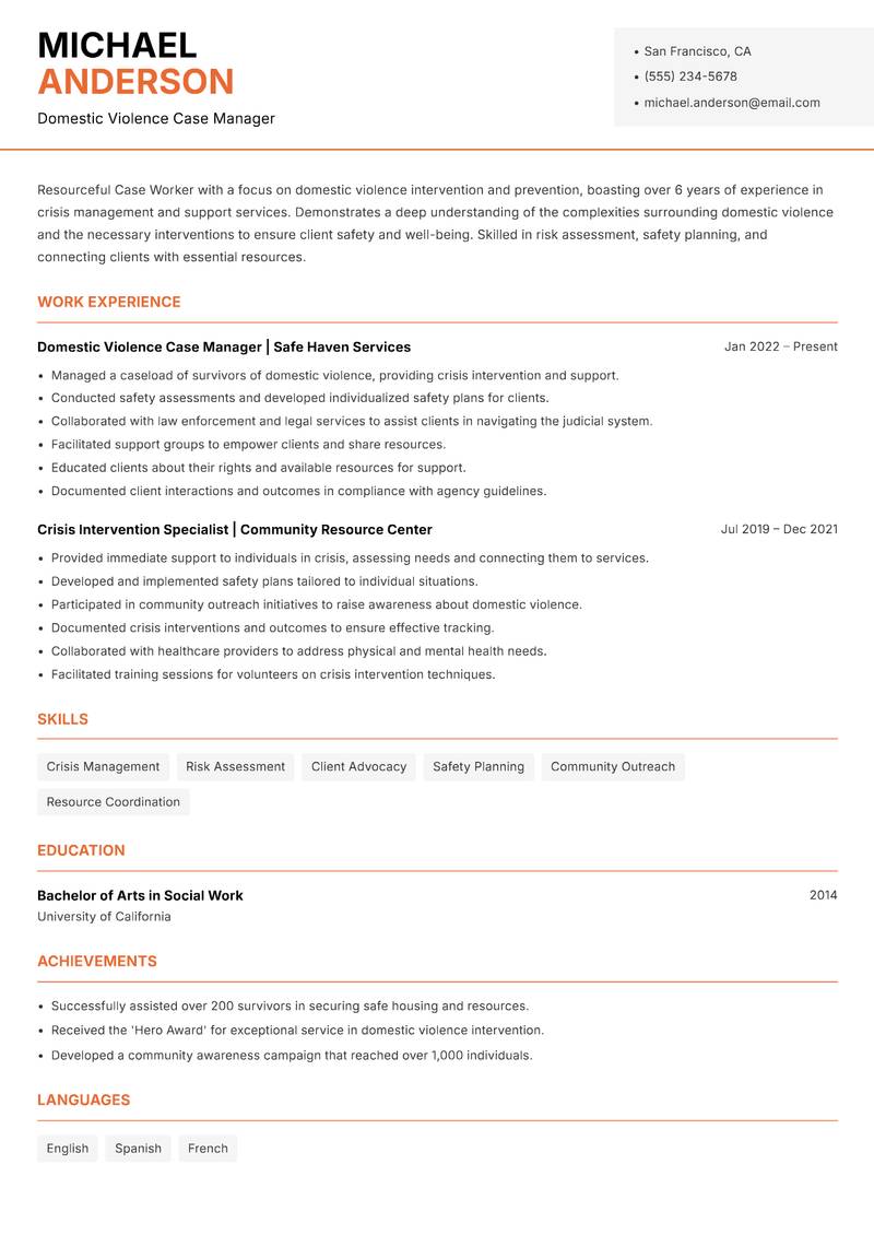 Case Worker resume sample — Domestic Violence Case Manager focus