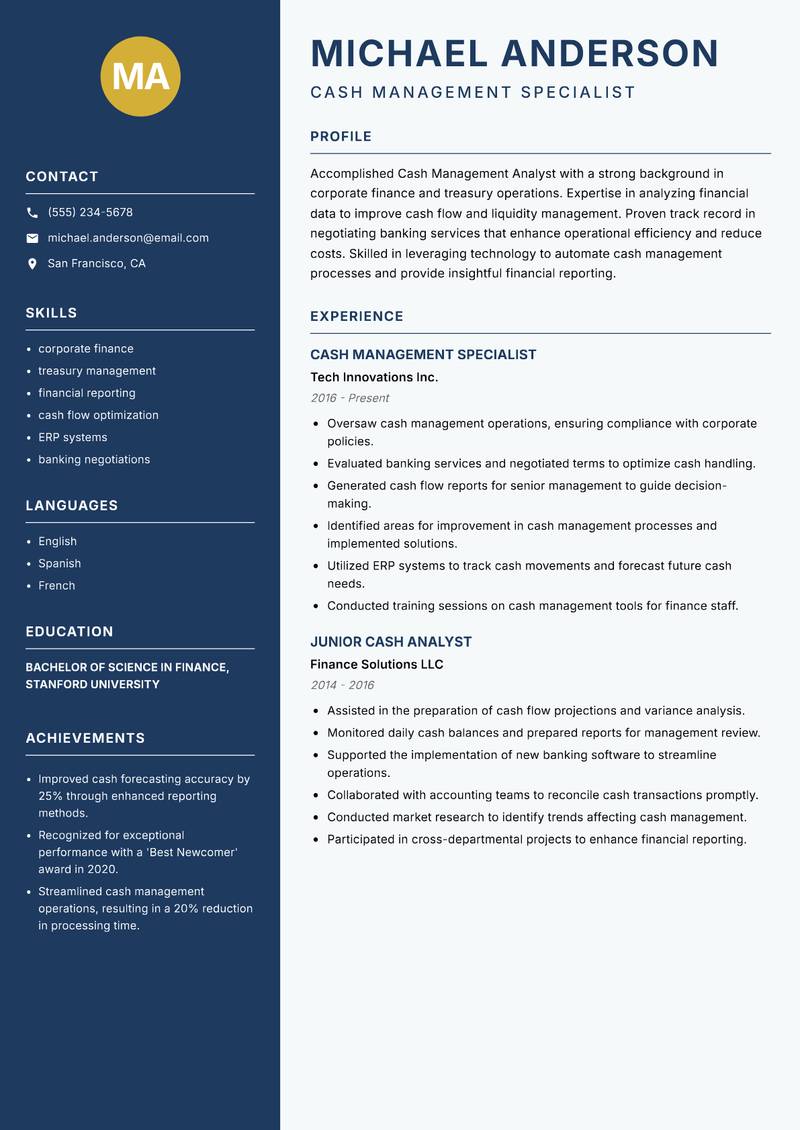Cash Management Analyst resume sample — Cash Management Specialist focus