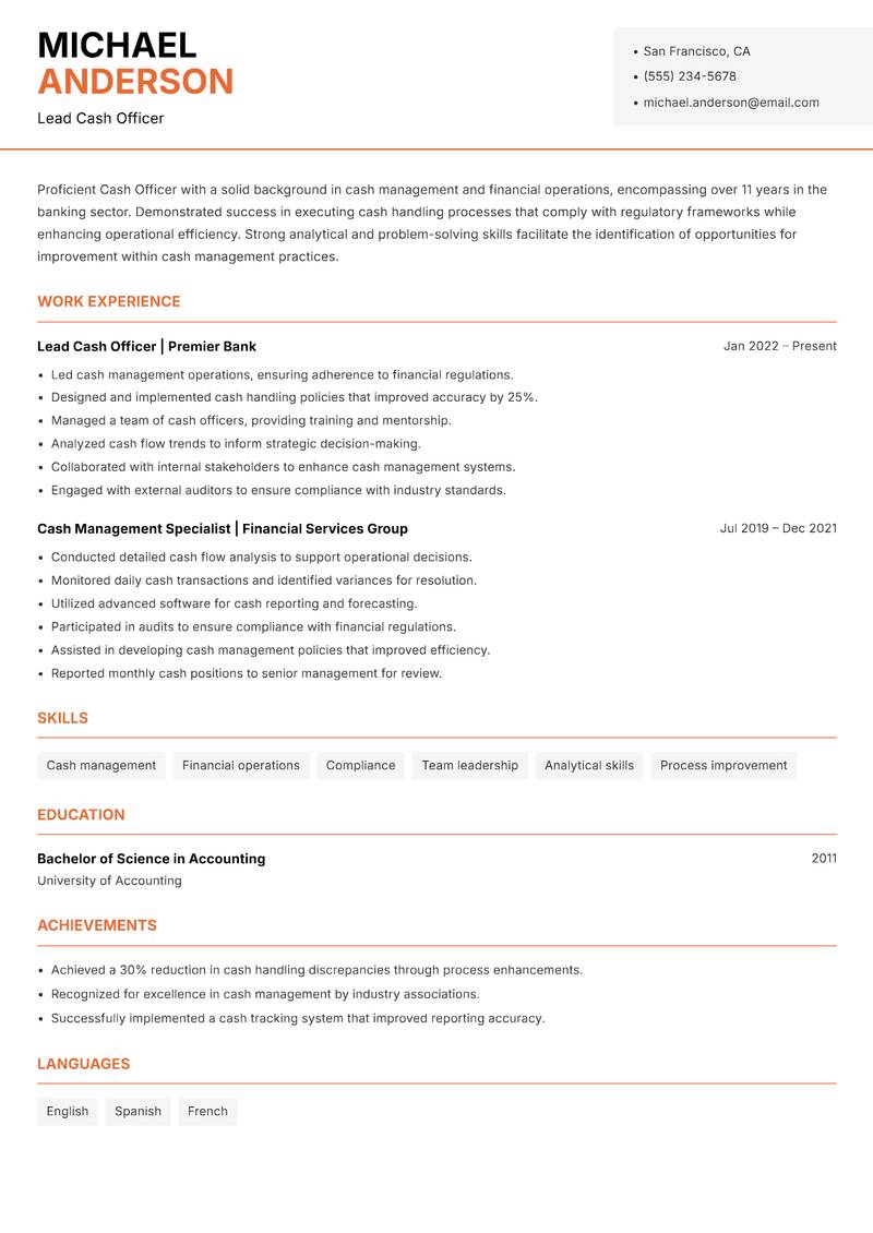 Cash Officer resume sample — Lead Cash Officer focus