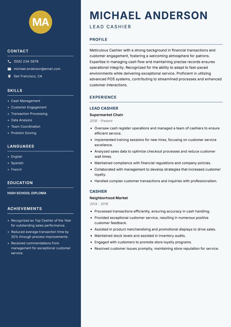 Cashier resume sample — Lead Cashier focus