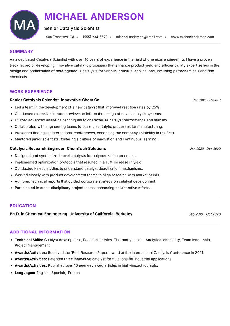 Catalysis Scientist resume example