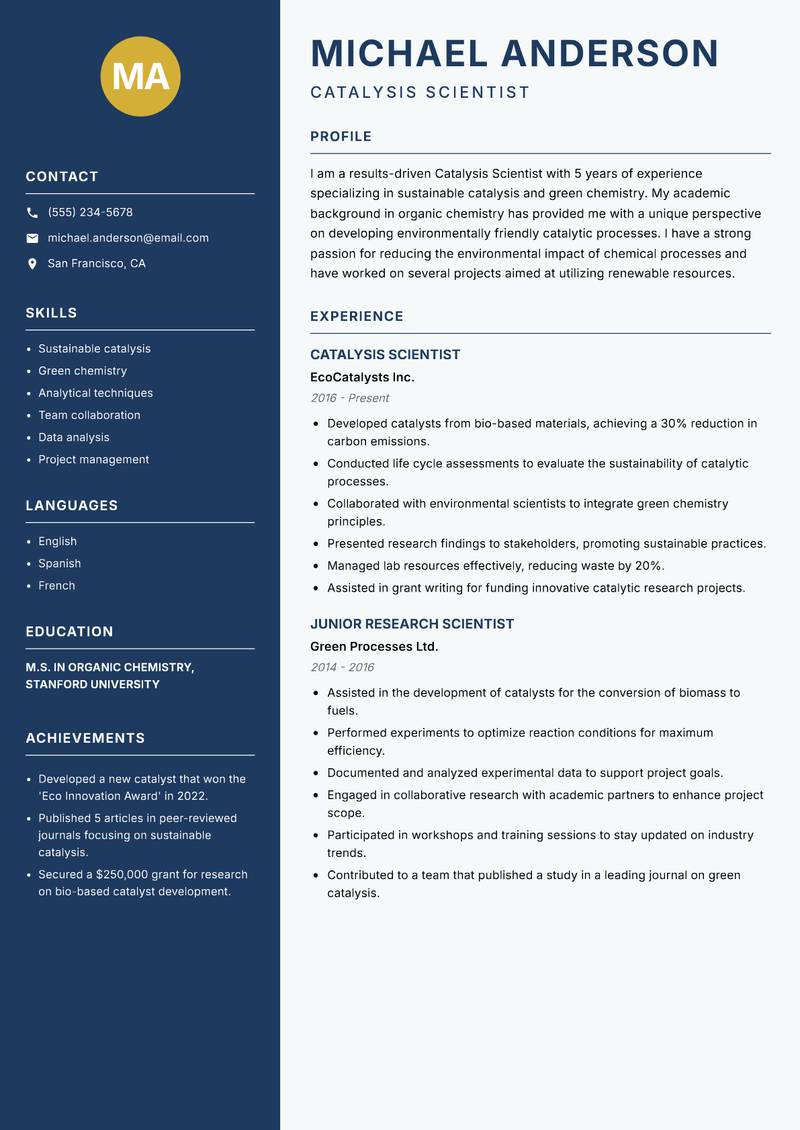 Catalysis Scientist resume sample — Catalysis Scientist focus