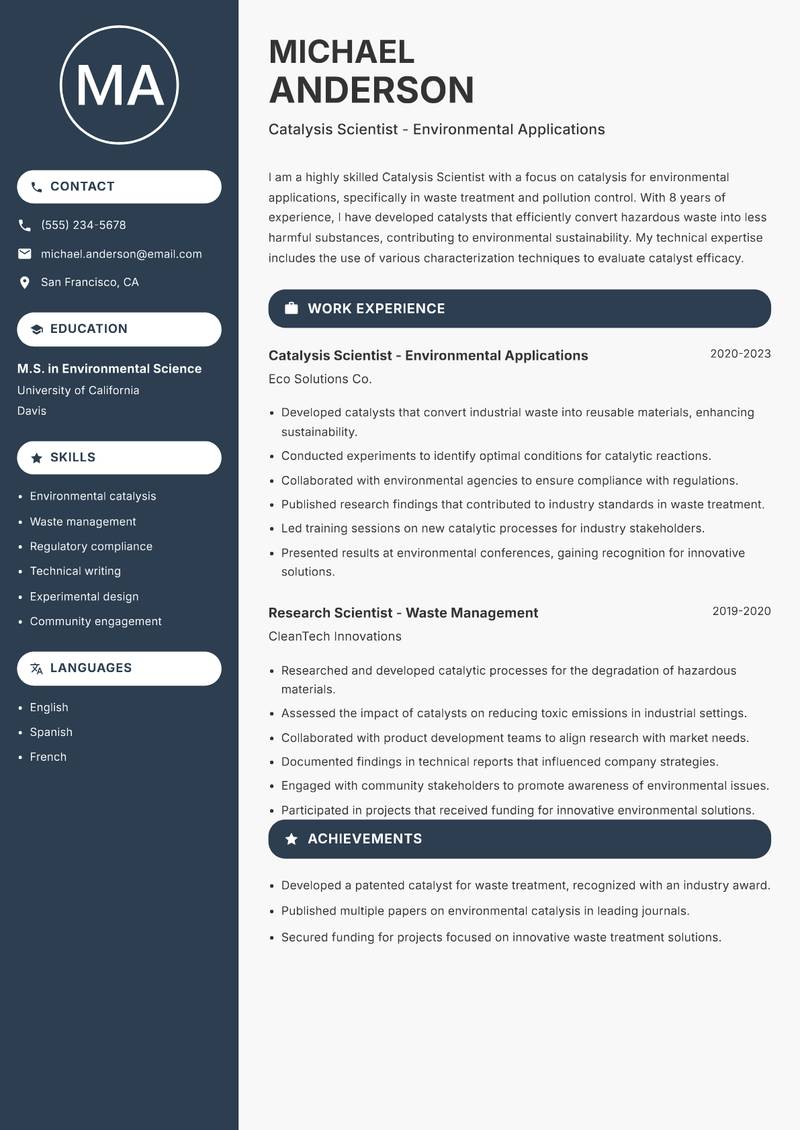 Catalysis Scientist resume sample — Catalysis Scientist - Environmental Applications focus